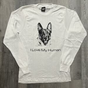 VTG German Shepherd T Shirt White Long Sleeve 90s "I Love My Human" Dog Puppy M